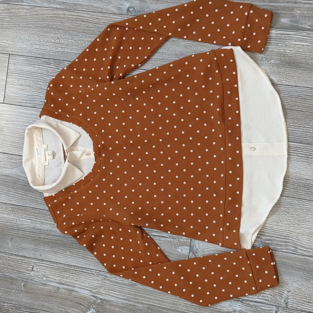 Monteau Tan and Cream Polka Dot Collared Sweater Small